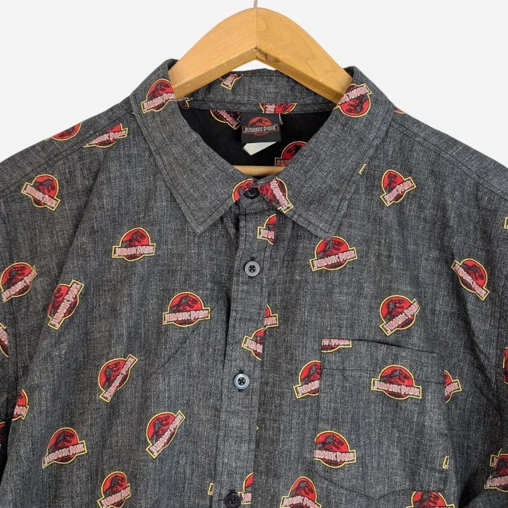 Jurassic Park All Over Logo Print Cotton Camp Shirt Gray XXL